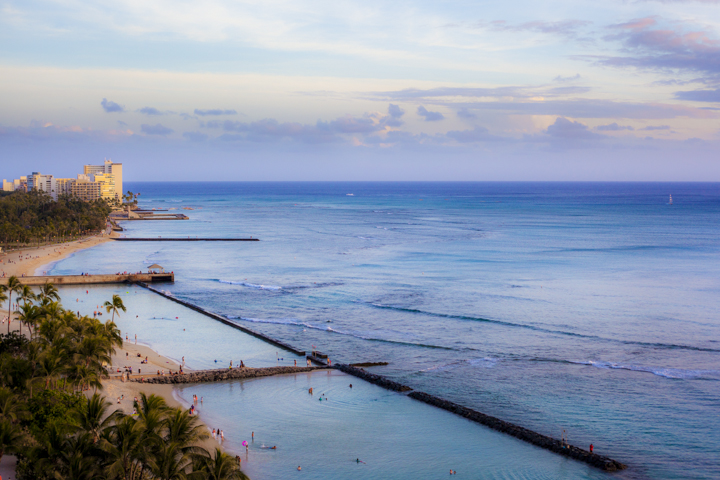 Waikiki Beach displays the beautiful reef patterns just outside the protected lagoons.